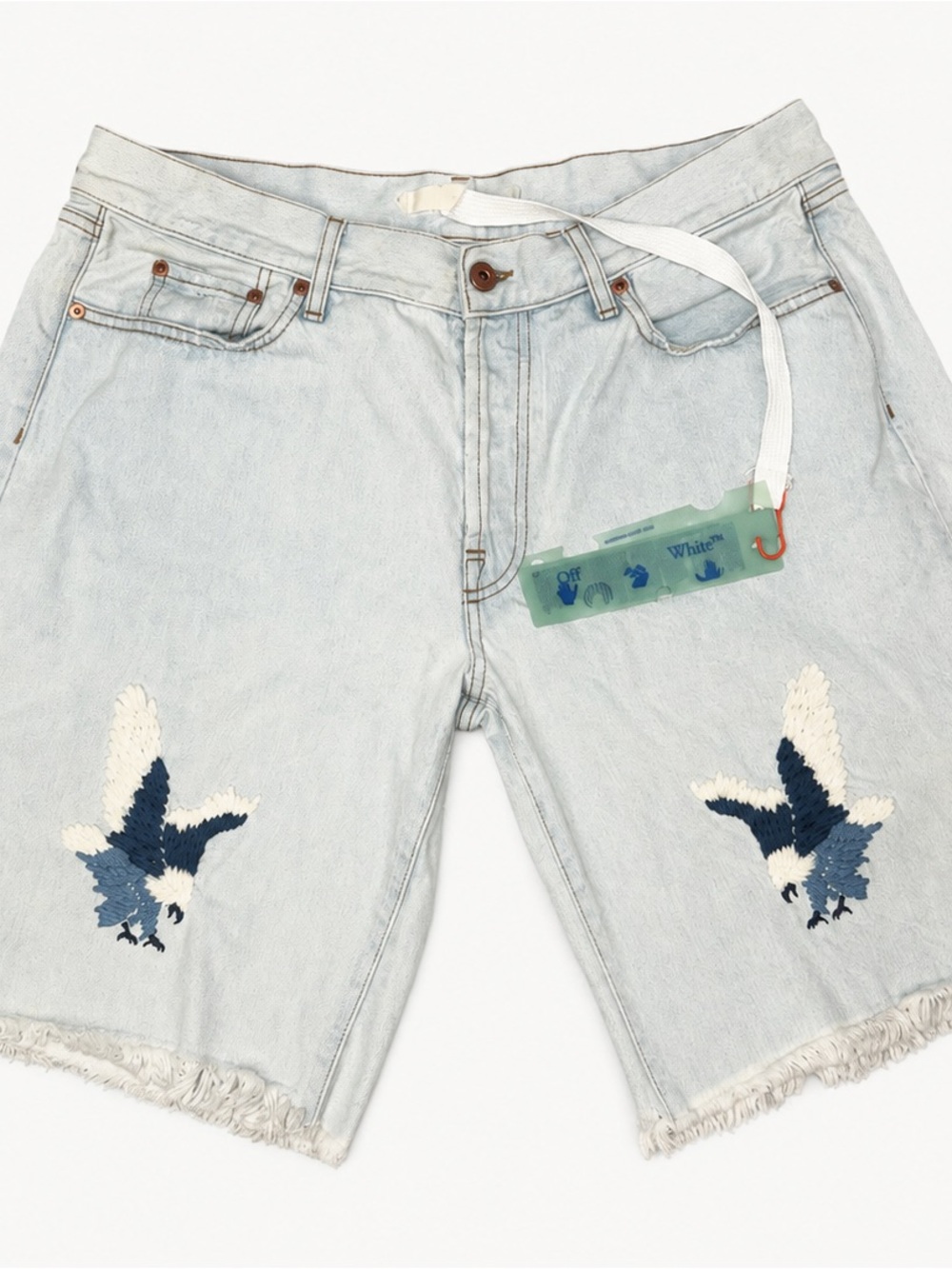Off-White Light Blue Denim Shorts with Embroidered Birds